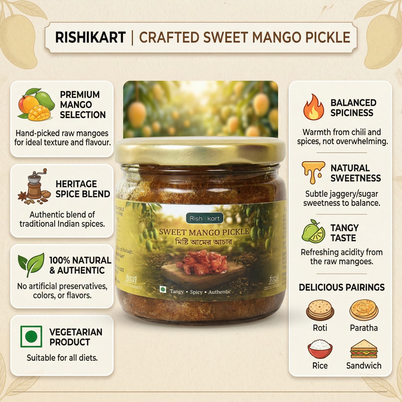 rishi kart sweet mango pickle 250g | misti aam achar bengali style | traditional handmade | sweet & tangy flavor | no artificial preservatives rishi kart sweet mango pickle 250g | misti aam achar bengali style | traditional handmade | sweet & tangy flavor | no artificial preservatives